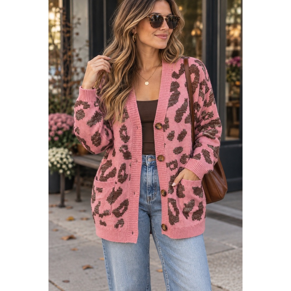NWT Whimsy Oversized Leopard Cardigan Pink Boho Luxe Retro Chic Fall Layers Sz M